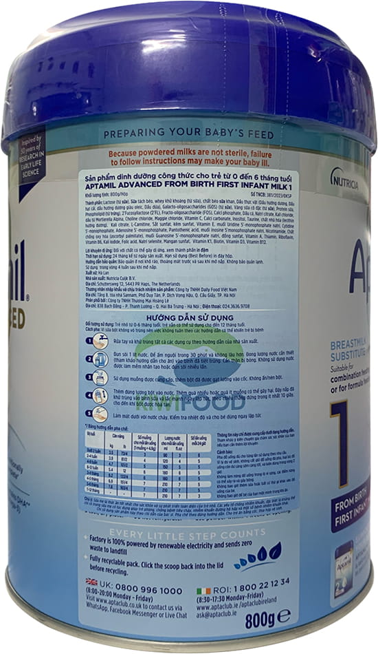 Sữa Aptamil Advanced Anh số 1 lon 800g cho trẻ 0-6 tháng tuổi