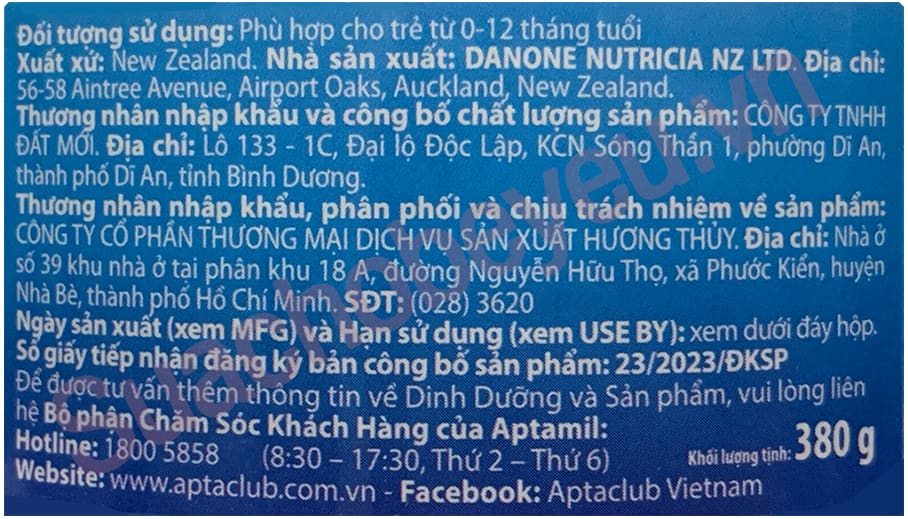 Sữa Aptamil số 1 380g New Zealand cho trẻ 0-12 tháng